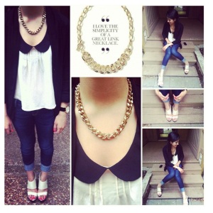 White and Black Collared Top, Black Cardigan Sweater, Blue Cropped Jeans, and Gold Necklace